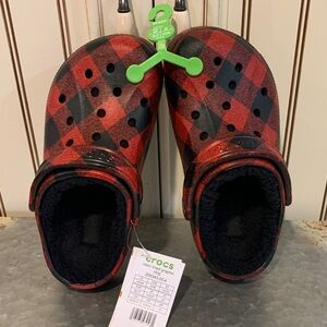 CROCS Red and Black Checkered Clogs